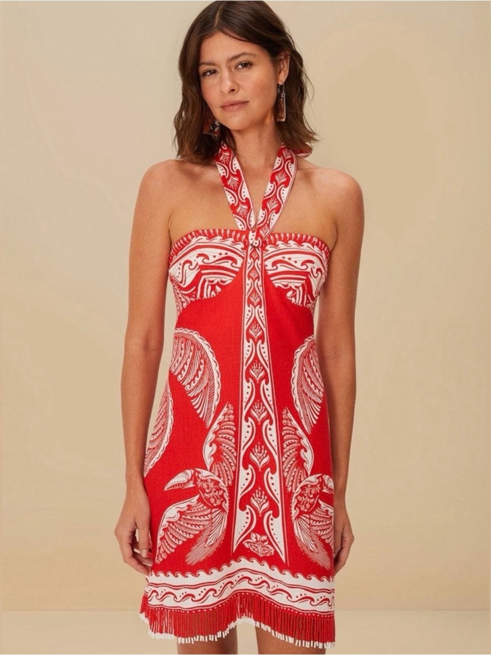 FARM Rio Beaded Fringe Red Off-White Majestic Coconut Mini Dress